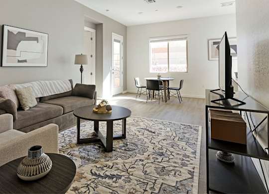 A living room with a grey couch, a coffee table, and a television.