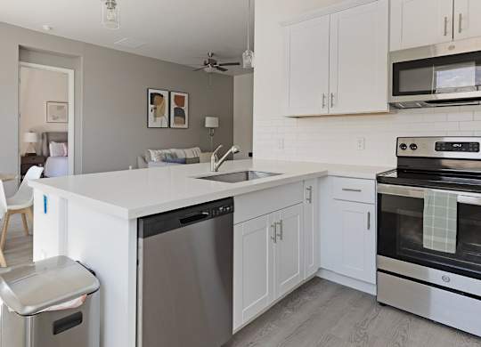 A modern kitchen with white cabinets and stainless steel appliances.
