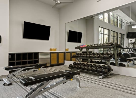 a gym with weights and mirrors in front of a large mirror