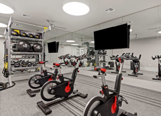 a gym with various bikes and weights and a television