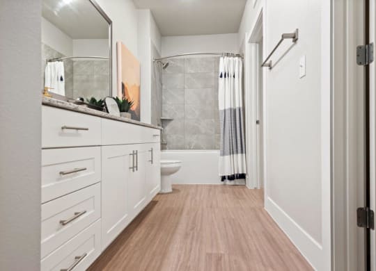 a bathroom with white cabinets and a shower and a toilet