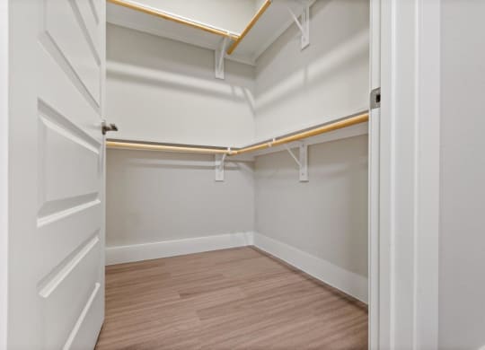 an empty closet with white walls and a wood floor