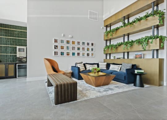 a living room with a blue couch and a coffee table