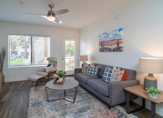a living room with a grey couch and a blue rug