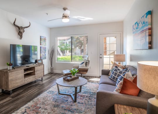 a living room with a grey couch and a large window