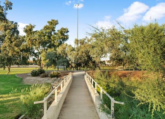 a bridge leading into a park with trees and grass