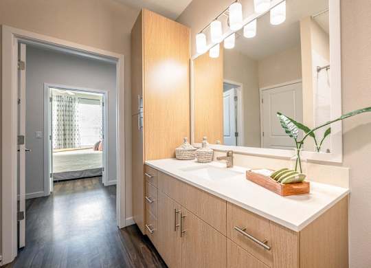 A bathroom with a vanity and a mirror.