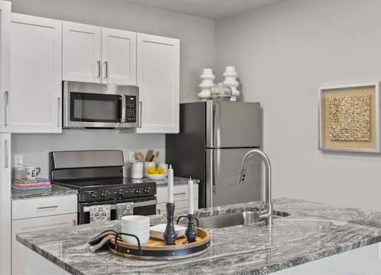 A kitchen with a marble countertop and stainless steel appliances.