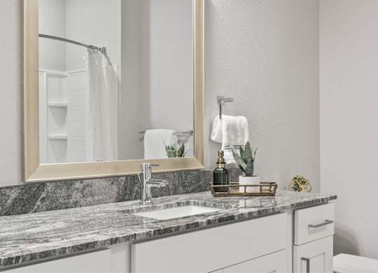A bathroom with a marble countertop and a large mirror.
