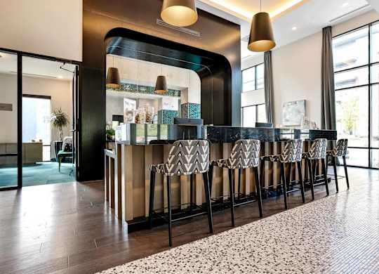 A bar area with a black counter and a patterned rug.
