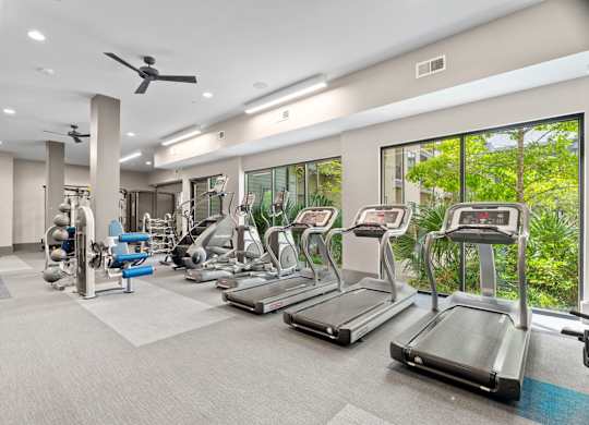 A spacious gym with treadmills, weights, and exercise equipment.