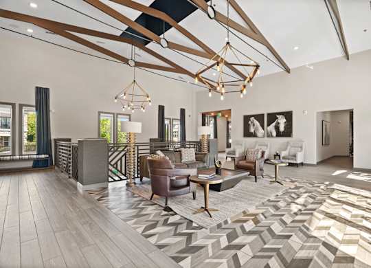 A modern living room with a large rug and a wooden floor.