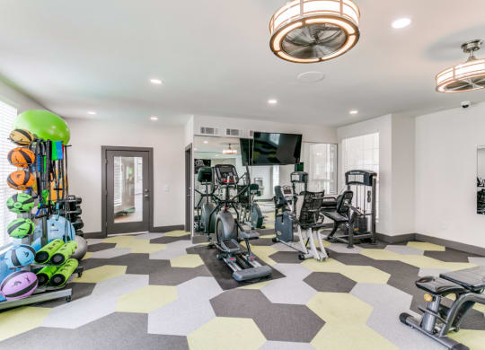 a home gym with weights and a tv on the wall