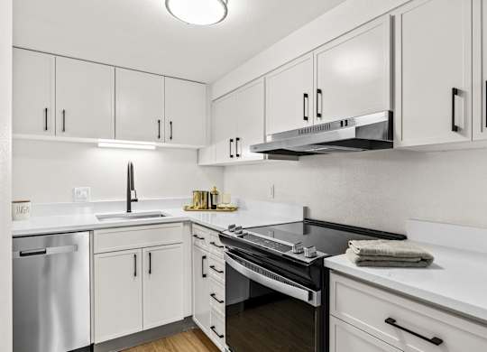 A modern kitchen with white cabinets and stainless steel appliances.