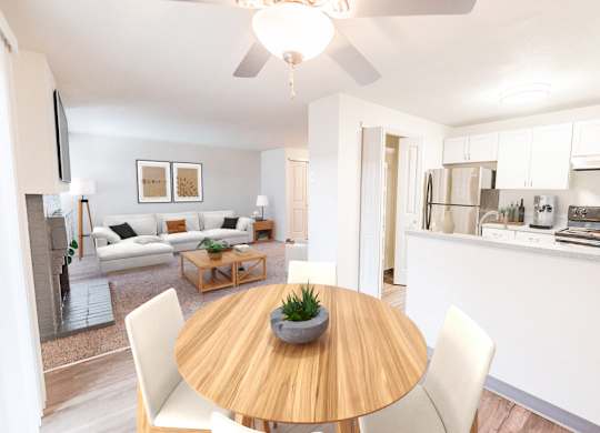 A modern dining room with a wooden table and white chairs.
