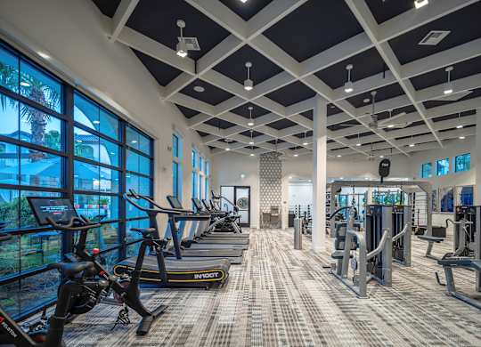 A gym with treadmills, exercise bikes and other equipment.