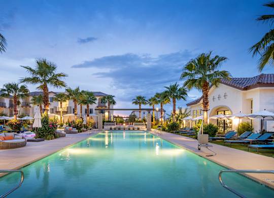 A large swimming pool surrounded by palm trees and lounge chairs.