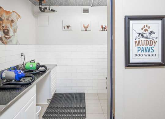 A dog wash station with a picture of a dog and the words