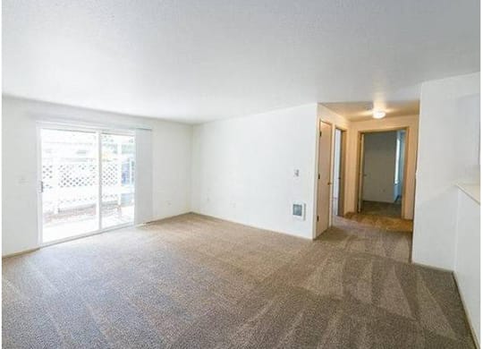 A room with a carpeted floor and a doorway leading to another room.
