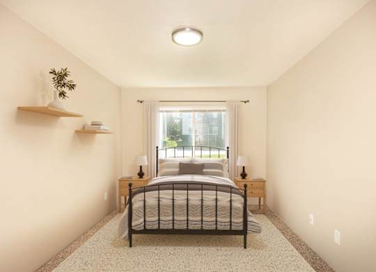 A bedroom with a bed, nightstands, and a window.