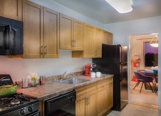 A kitchen with black appliances and wooden cabinets.