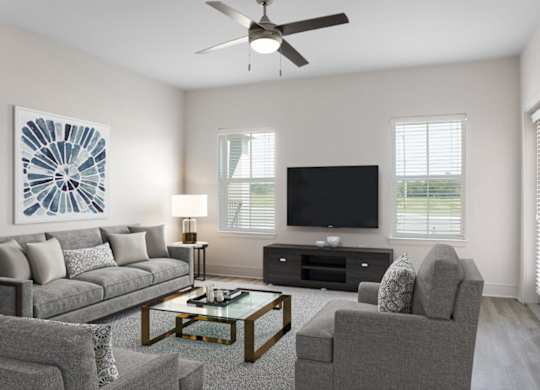 A living room with a grey couch, a coffee table, and a television.