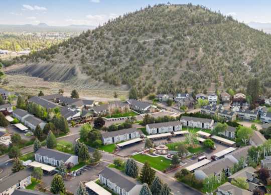 A residential area with houses and a large hill in the background.