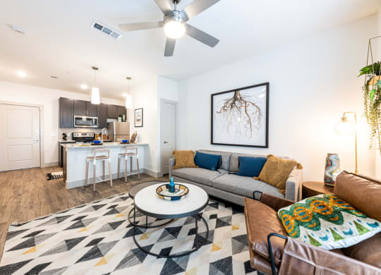 Lenox SoCo Apartments  living room and kitchen with a ceiling fan and a rug