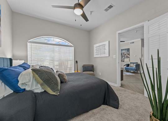 A bedroom with a bed, a ceiling fan, and a cactus plant.