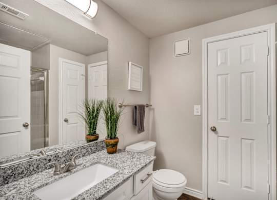 A bathroom with a white toilet, sink, and mirror.
