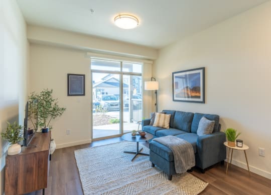 a living room with a blue couch and a sliding glass door
