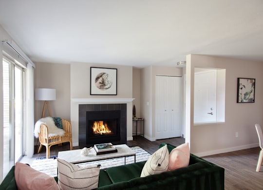 A living room with a fireplace and a green couch.