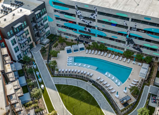 Tapestry at the Realm Apartments pool and exterior building