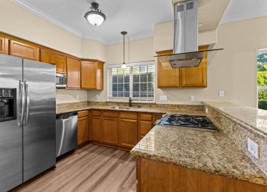 Little Tuscany Apartments & Townhomes - Townhome Kitchen with Stainless Steel Appliances, Granite Countertops, Kitchen Window, Vinyl Plank Wood Flooring, Breakfast Bar