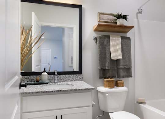 A white toilet sits next to a sink in a bathroom.