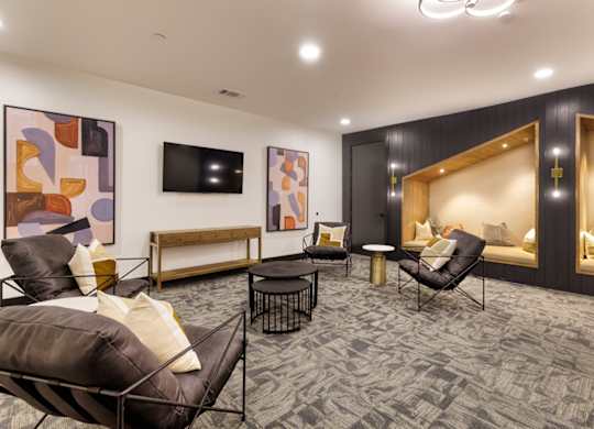 A living room with a grey carpet and a wooden bench.