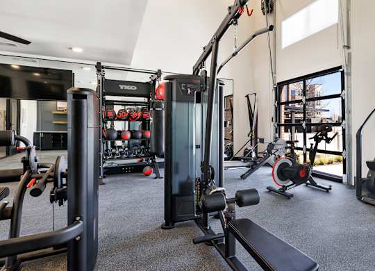A gym with a variety of equipment including a treadmill, weights, and a bench press.