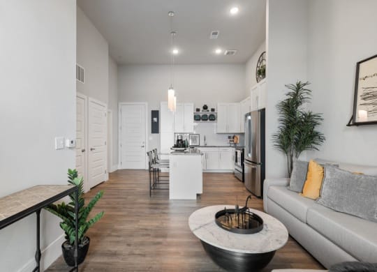 The Edison at Bozeman Gateway Apartments in Bozeman, Montana Model Living Room and Kitchen