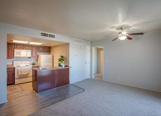 A room with a ceiling fan and a carpeted floor.