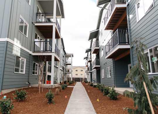 New apartment buildings at The Elowen in Lacey WA with emerging landscaping and young trees during construction progress.