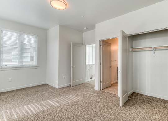 A room with a carpeted floor and a sliding door.