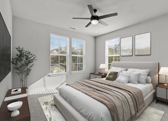 a bedroom with a large bed and a ceiling fan at Lenox Grand, Austin, 78727