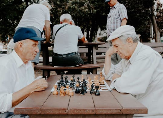 two men playing chess at a picnic table