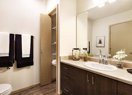 A bathroom with a white sink and brown cabinets.