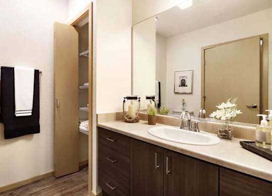A bathroom with a sink, mirror, and wooden cabinets.