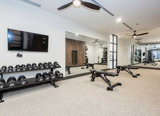 Well-equipped fitness center with free weights, mirrors walls, and a tv at Sylvan Uptown, Denver, CO
