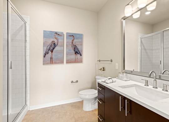 View into the bathrom with a glass enclosed shower and well-lit vanity area with a large mirror at Sylvan Uptown, Denver, CO