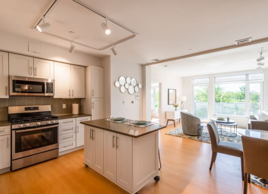 Kitchen and living room at Park77 Apartments, Cambridge, 02138