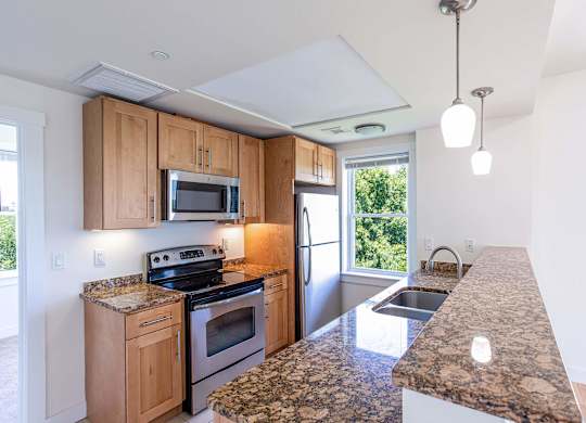 A kitchen with granite countertops and stainless steel appliances at Park87 Apartments, Cambridge, Massachusetts