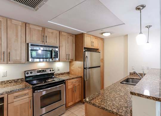 A kitchen with granite countertops and stainless steel appliances at Park87 Apartments, Massachusetts